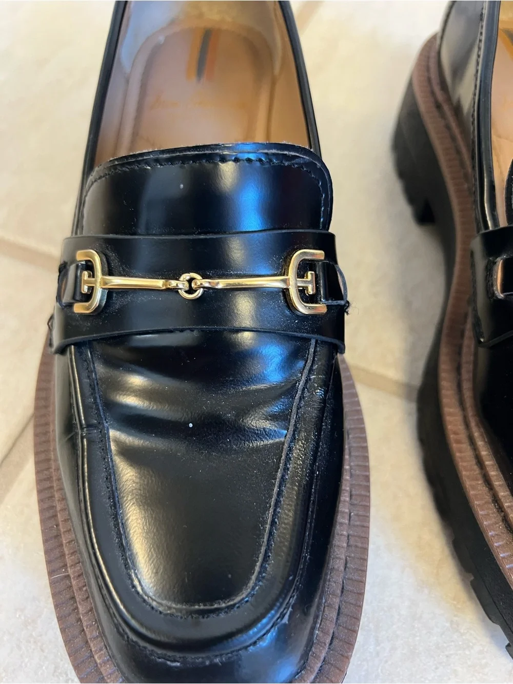 Sam Edelman 5M Penny Black Patent Platform Loafers Gold Bit chunky sole classic